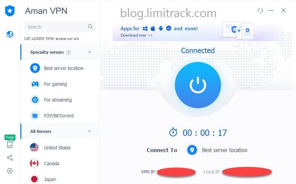 AmanVPN ใช้ฟรี ดีสำหรับรัน Bot